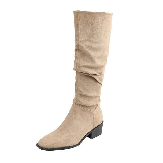 French Mid - calf Thin Western Denim Boots Khaki Color Increases By 8CM
