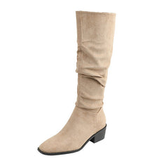 French Mid - calf Thin Western Denim Boots Khaki Color Increases By 8CM