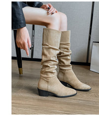 French Mid - calf Thin Western Denim Boots Khaki Color Increases By 8CM