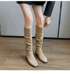 French Mid - calf Thin Western Denim Boots Khaki Velvet 5cm