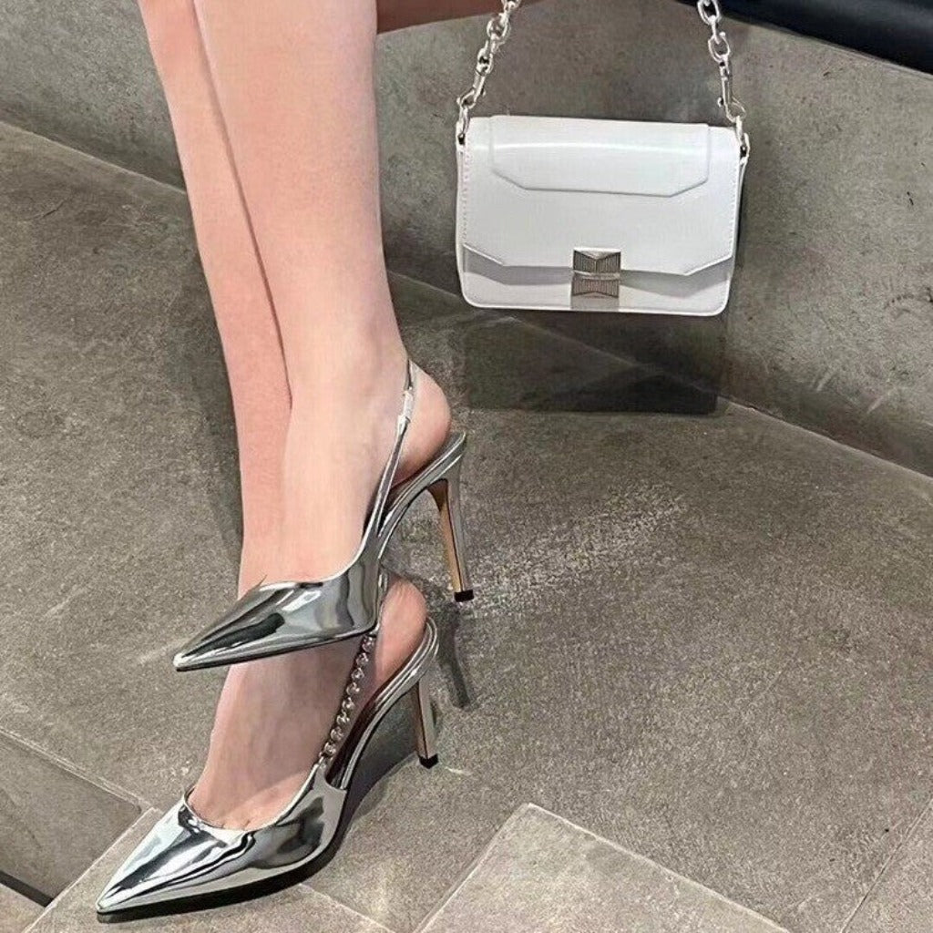 French Summer Sandals Summer Flattering Silver versatile High Heels Black