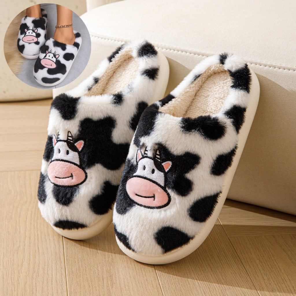 Fun Cartoon Cow Cotton Slippers Non - slip Warm House Shoes White