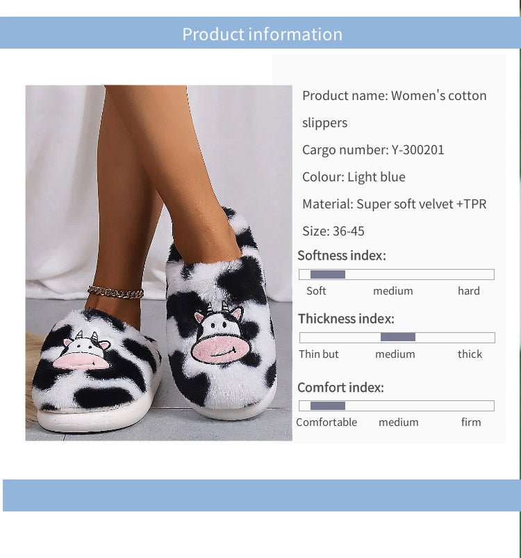 Fun Cartoon Cow Cotton Slippers Non - slip Warm House Shoes White