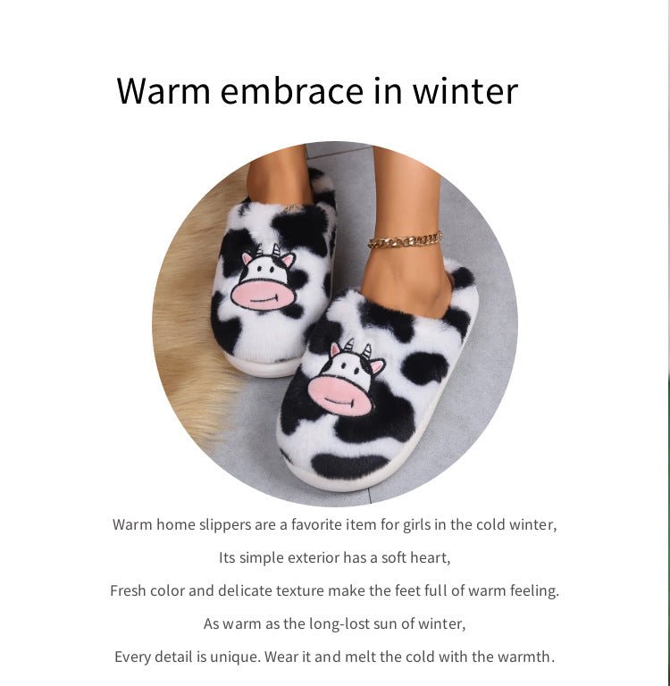 Fun Cartoon Cow Cotton Slippers Non - slip Warm House Shoes White