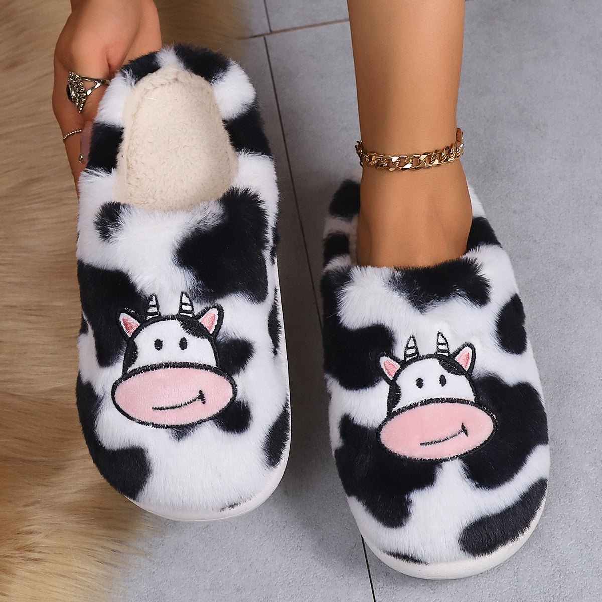 Fun Cartoon Cow Cotton Slippers Non - slip Warm House Shoes White