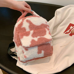 Furry Backpack with Adorable Cows Pattern Pink