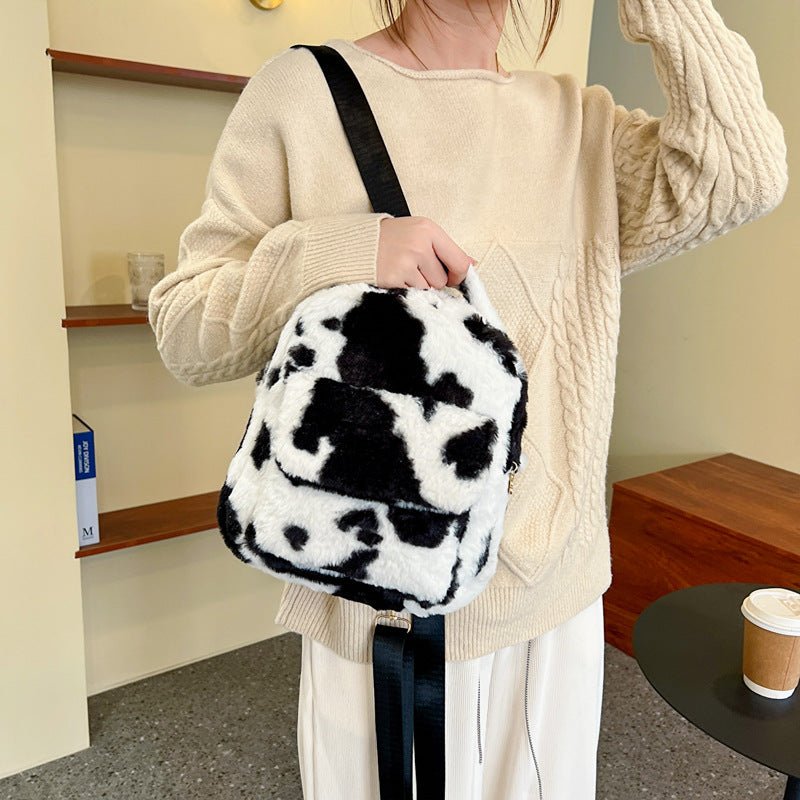 Furry Backpack with Adorable Cows Pattern Black