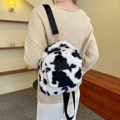 Furry Backpack with Adorable Cows Pattern Black