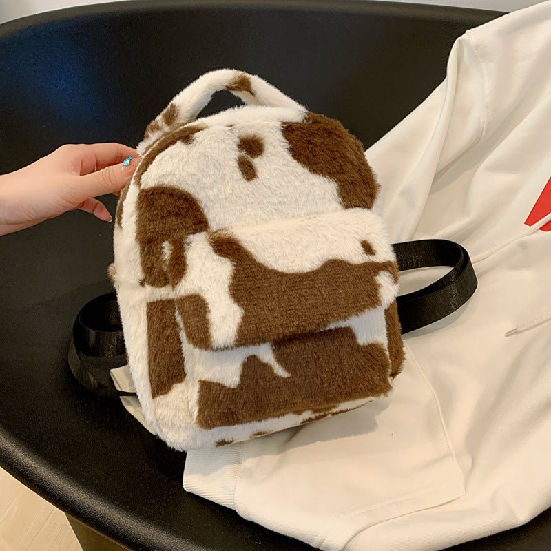 Furry Backpack with Adorable Cows Pattern Brown