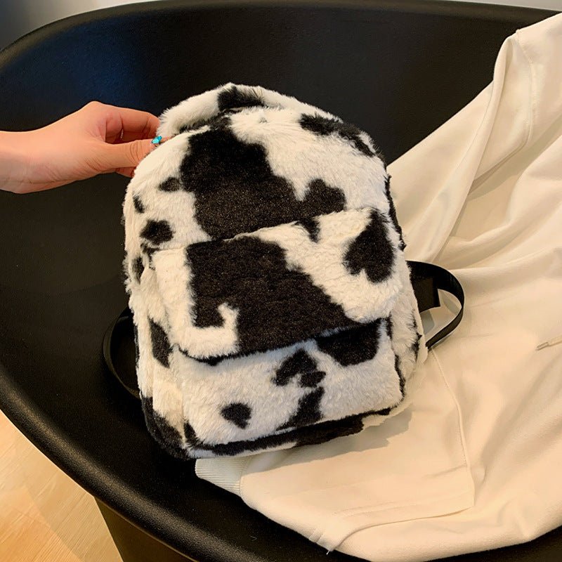 Furry Backpack with Adorable Cows Pattern Black