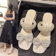 Gentle Clear Chic Bow knot Chunky Heel For Women Platform Sandals Gold