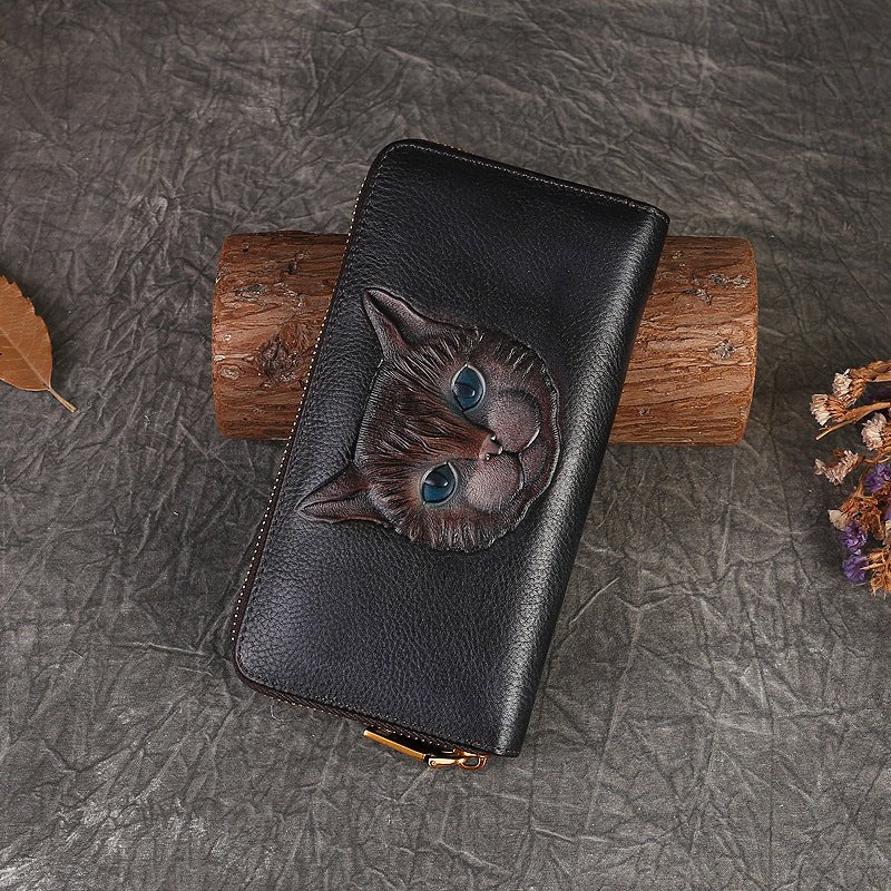 Genuine Leather Coin Purse Cat Embossed Multi - card - slot Card Holder Design Sense Gray