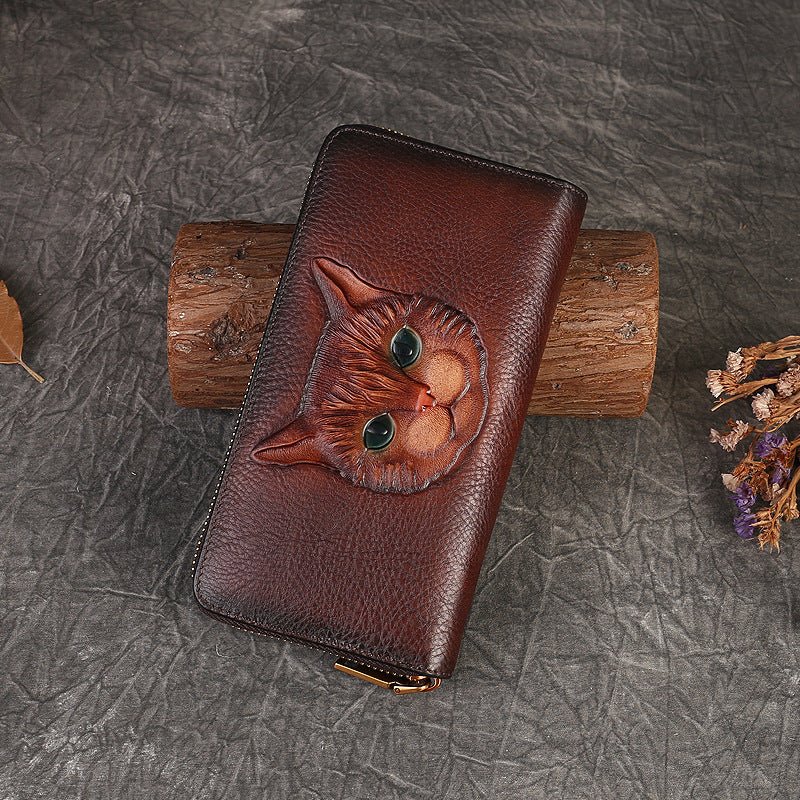 Genuine Leather Coin Purse Cat Embossed Multi - card - slot Card Holder Design Sense Dark Brown