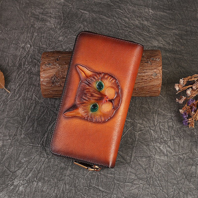 Genuine Leather Coin Purse Cat Embossed Multi - card - slot Card Holder Design Sense Brown