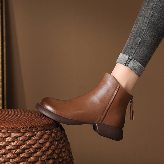 Genuine Leather Retro Western Style Short Boots Brown Single Liner