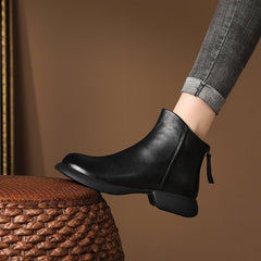Genuine Leather Retro Western Style Short Boots Black Single Liner