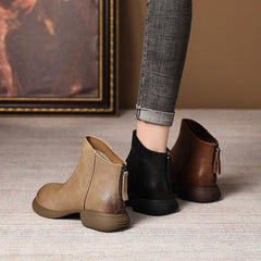 Genuine Leather Retro Western Style Short Boots Brown Single Liner
