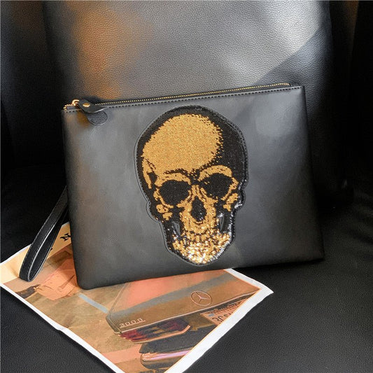 Ghost Head Clutch Men's Fashion Leather Clutch Bag black