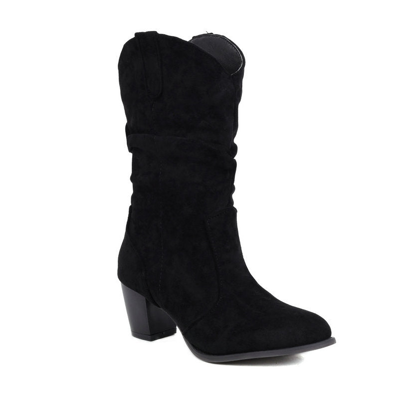 Glam Comfy Chunky High Heel Frosted Mid - calf Boots For Women Black