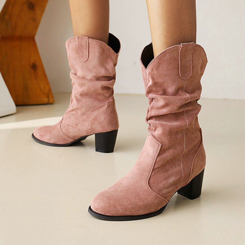 Glam Comfy Chunky High Heel Frosted Mid - calf Boots For Women Yellow Brown