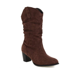 Glam Comfy Chunky High Heel Frosted Mid - calf Boots For Women Brown