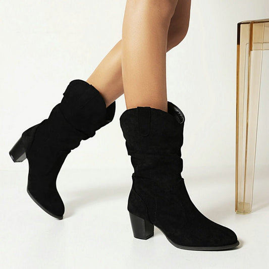 Glam Comfy Chunky High Heel Frosted Mid - calf Boots For Women Black