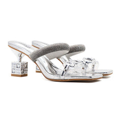 Glamorous Platform Stiletto Heel Transparent Rhinestone Slippers Women Silver