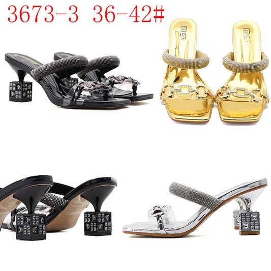 Glamorous Platform Stiletto Heel Transparent Rhinestone Slippers Women Black