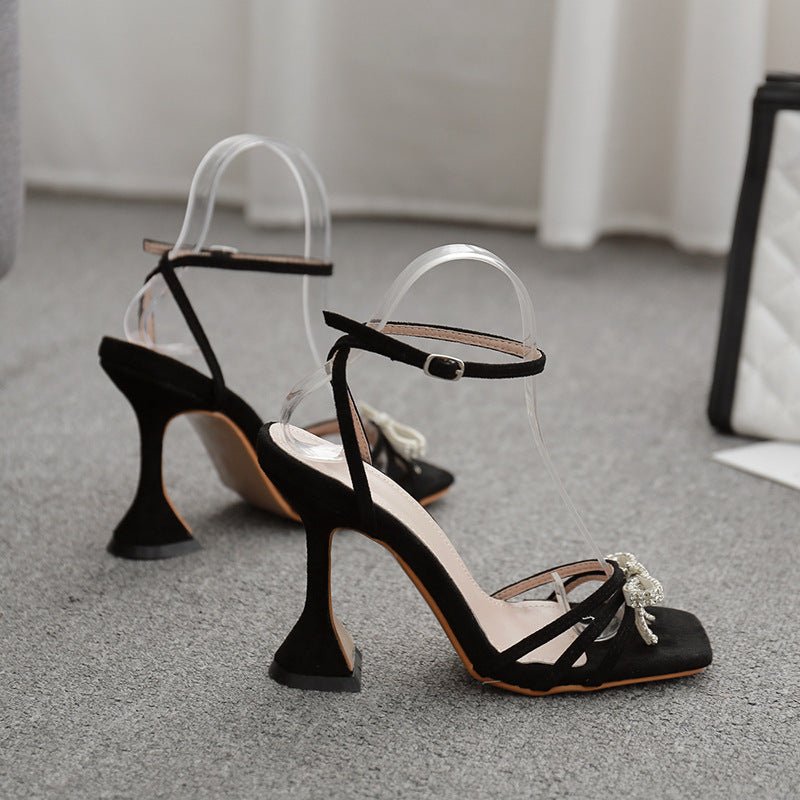 Glamorous Sexy Bow Rhinestone Catwalk Sandals Black