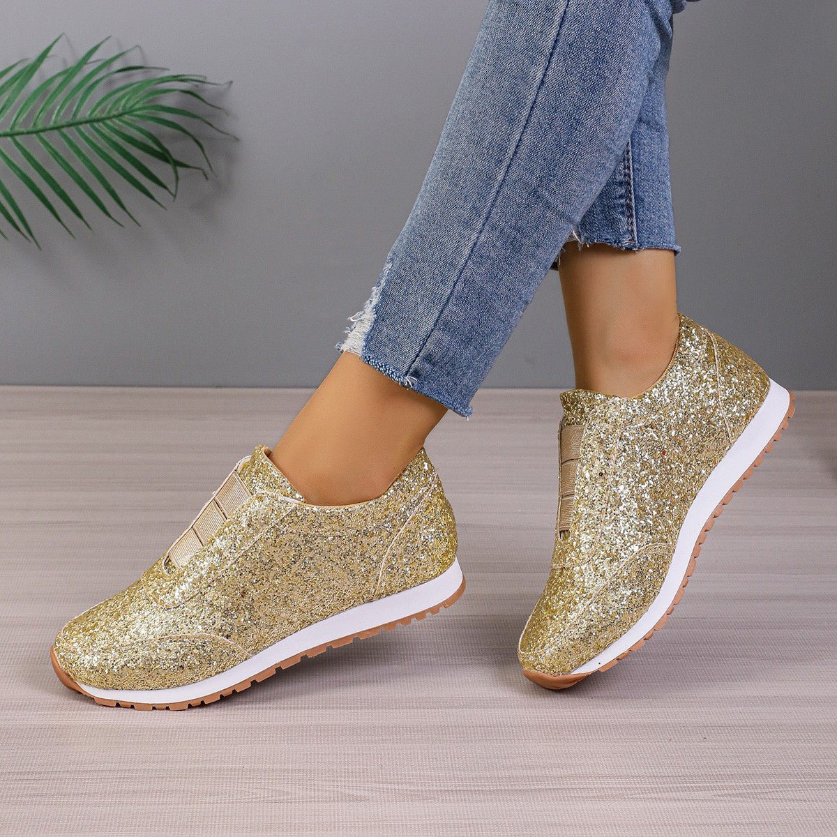 Gold Sliver Sequined Flats Outdoor Casual Walking Running Shoes Gold