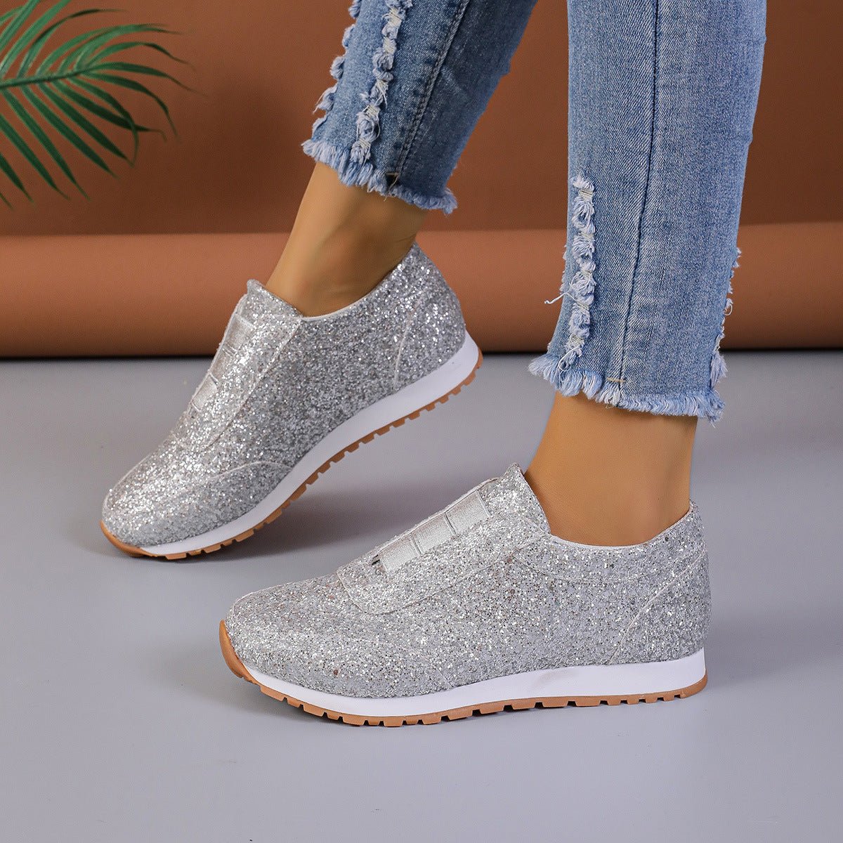 Gold Sliver Sequined Flats Outdoor Casual Walking Running Shoes Gold