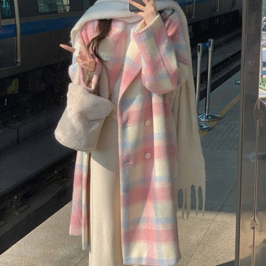 Gorgeous Rainbow Woolen Long Coat Korean Style for Women Pink