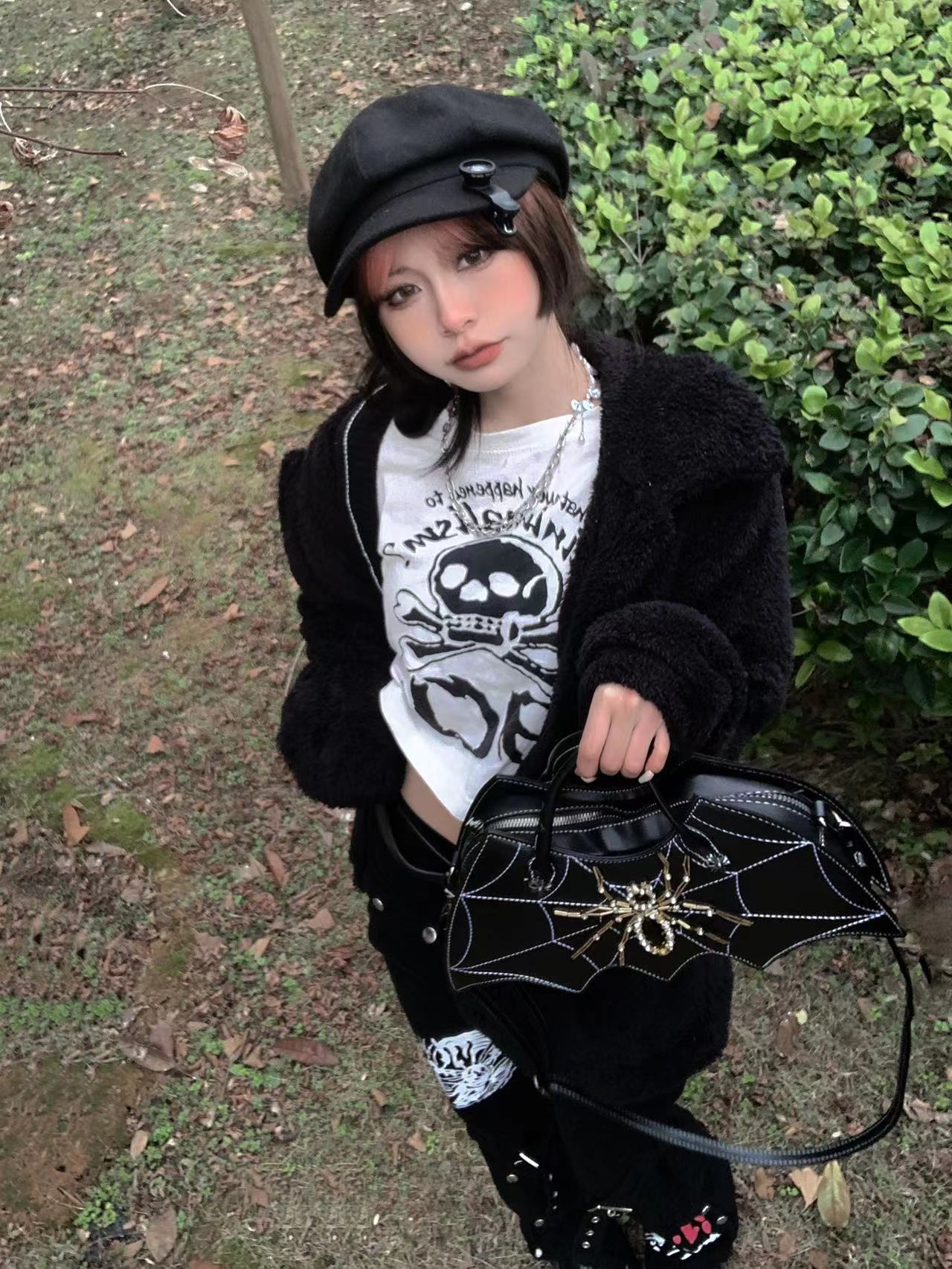 Gothic Dark Bat Spider Web Vintage Tote Bag with Clutch Black