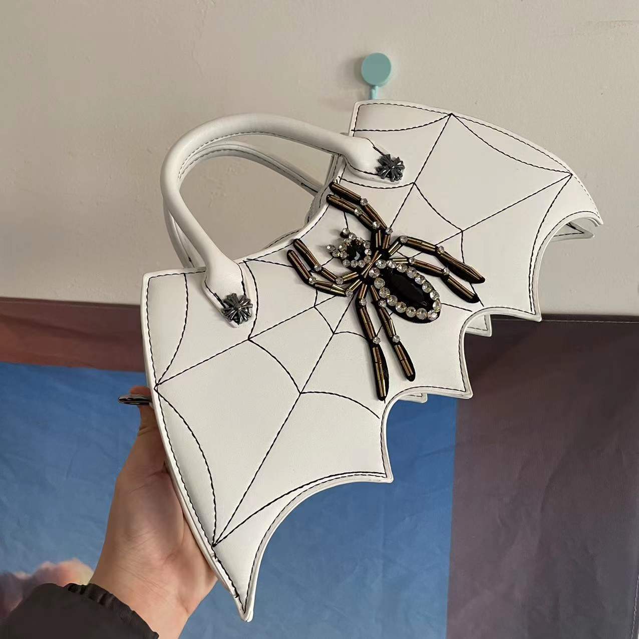 Gothic Dark Bat Spider Web Vintage Tote Bag with Clutch White