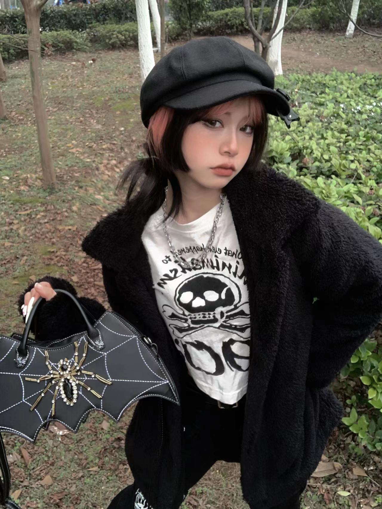 Gothic Dark Bat Spider Web Vintage Tote Bag with Clutch Black
