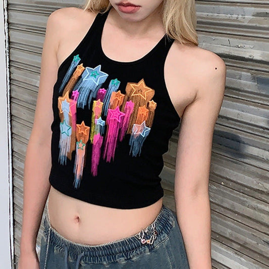 Graffiti Meteor Flash Tank Top with Metal Buckle Suspenders Black