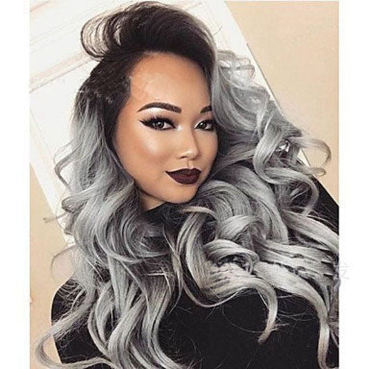 Grey Black Ombre Wavy Lace Wig: Long Curly Hair default