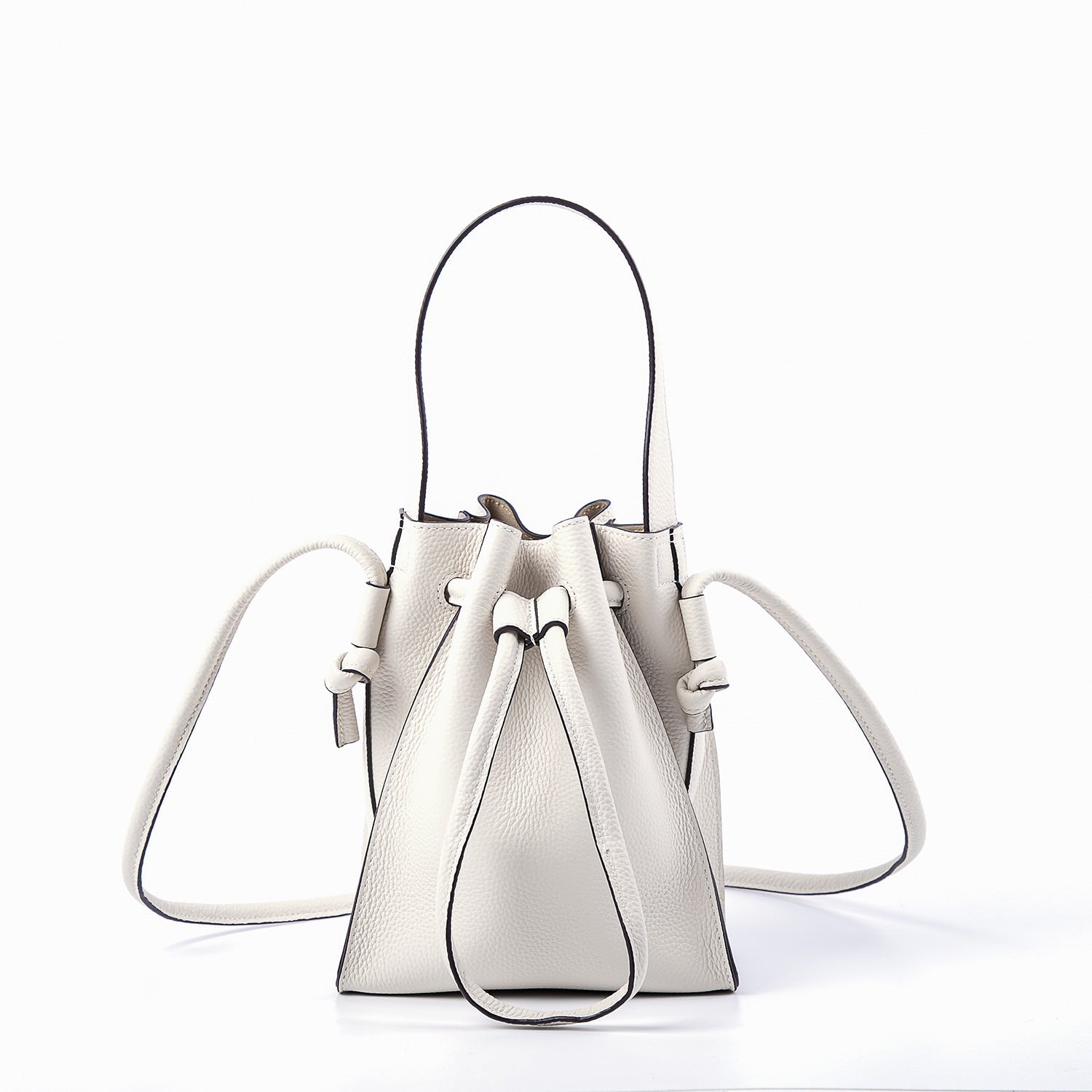 Half - Handmade Drawstring Bucket Bag in First Layer Soft Cowhide Beige