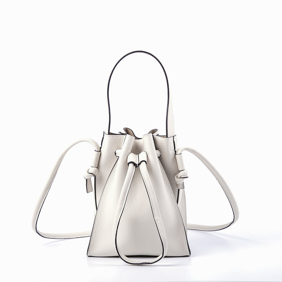 Half - Handmade Drawstring Bucket Bag in First Layer Soft Cowhide Beige