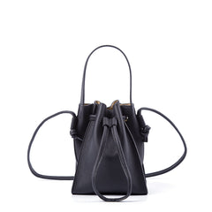 Half - Handmade Drawstring Bucket Bag in First Layer Soft Cowhide Black