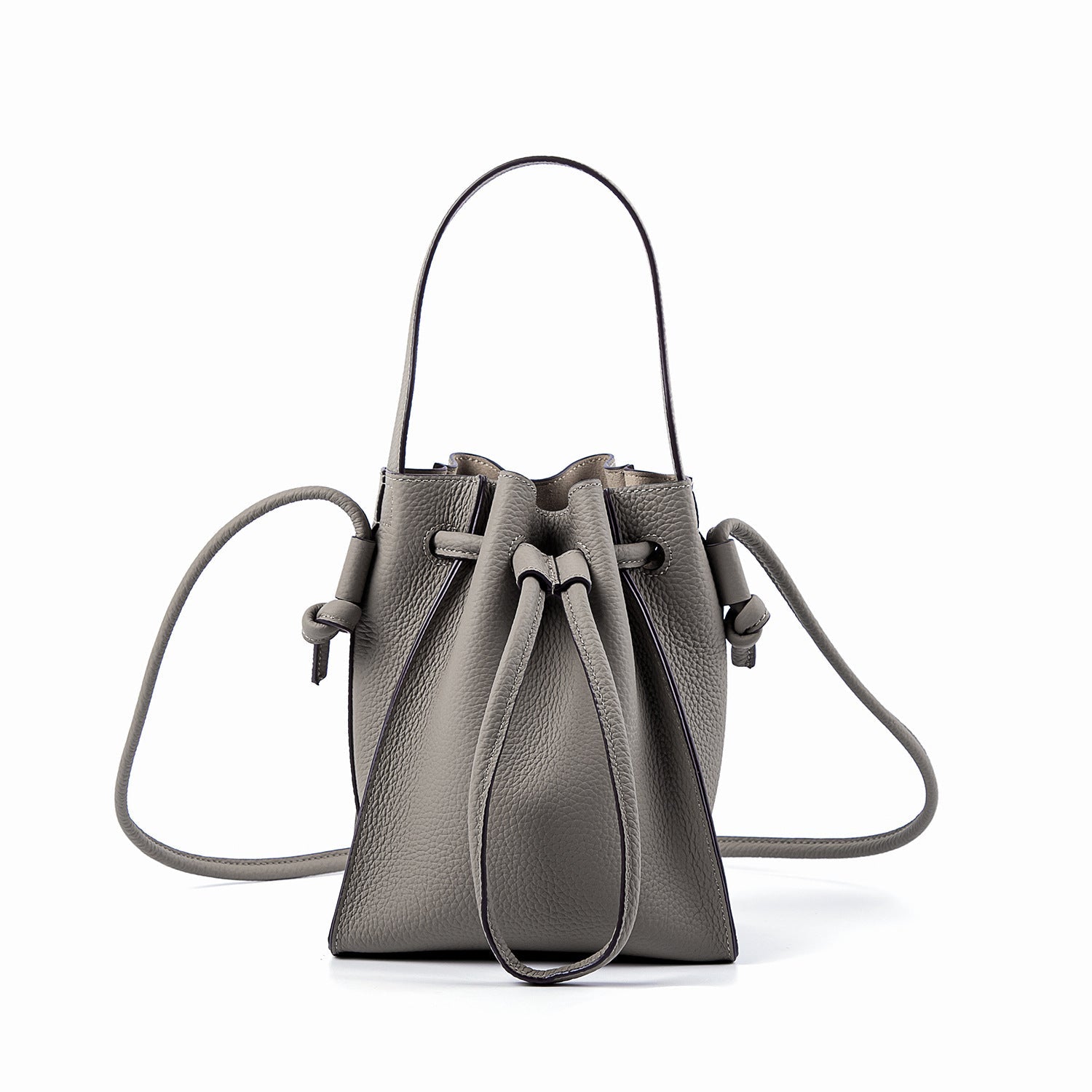 Half - Handmade Drawstring Bucket Bag in First Layer Soft Cowhide Gray