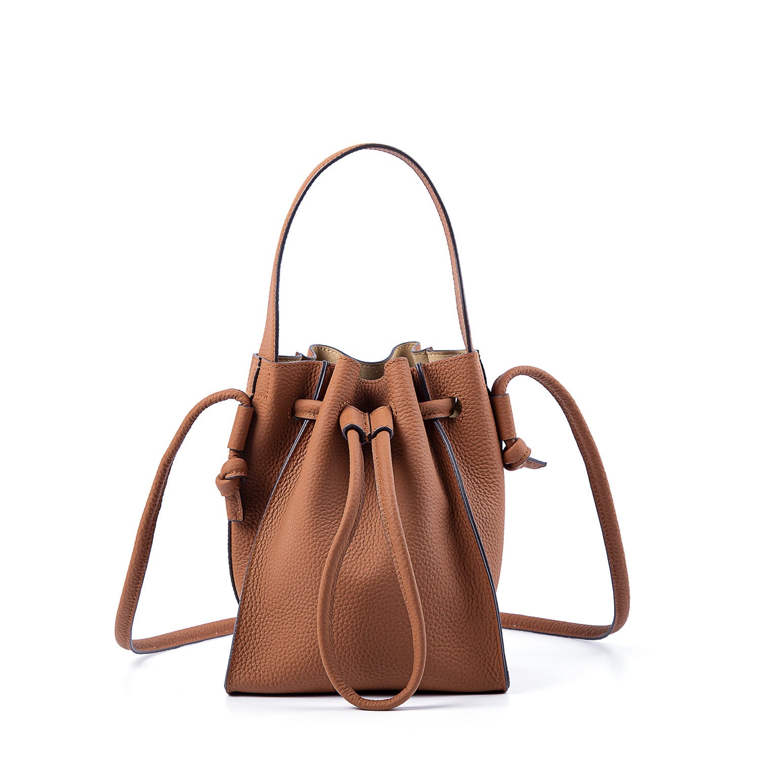 Half - Handmade Drawstring Bucket Bag in First Layer Soft Cowhide Brown