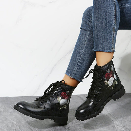 Halloween Shoes Rose Flower Print Lace - up Ankle Boots Women Red Rose