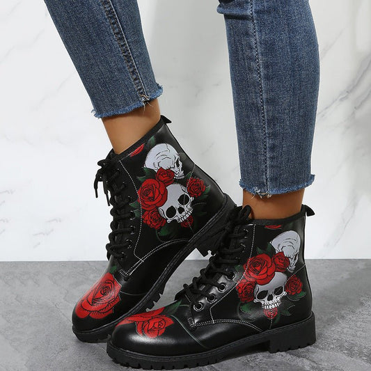 Halloween Shoes Rose Flower Print Lace - up Ankle Boots Women Red Rose