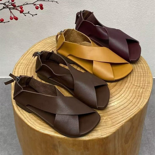 Handmade Retro Vintage Leather Peep Toe Flats Bottom Women's Sandals Brown