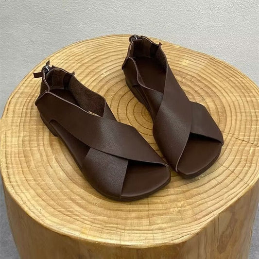 Handmade Retro Vintage Leather Peep Toe Flats Bottom Women's Sandals Brown