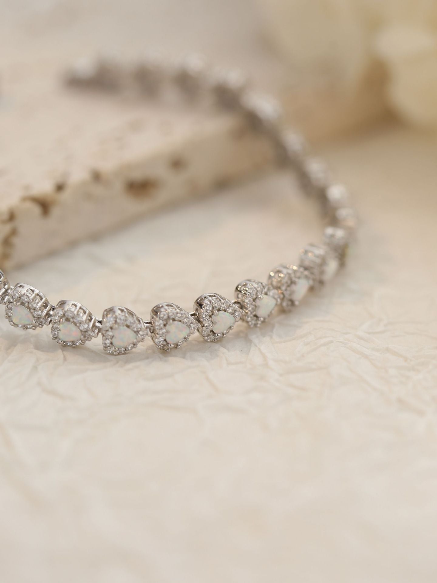 Heart - Shaped Diamond White Opal Bracelet in 925 Sterling Silver B1404