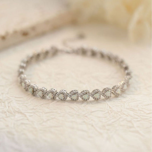 Heart - Shaped Diamond White Opal Bracelet in 925 Sterling Silver B1404