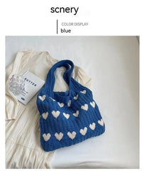 Heart - shaped Knitted Woven Shoulder Bag: Fashionable Large Capacity Love Blue