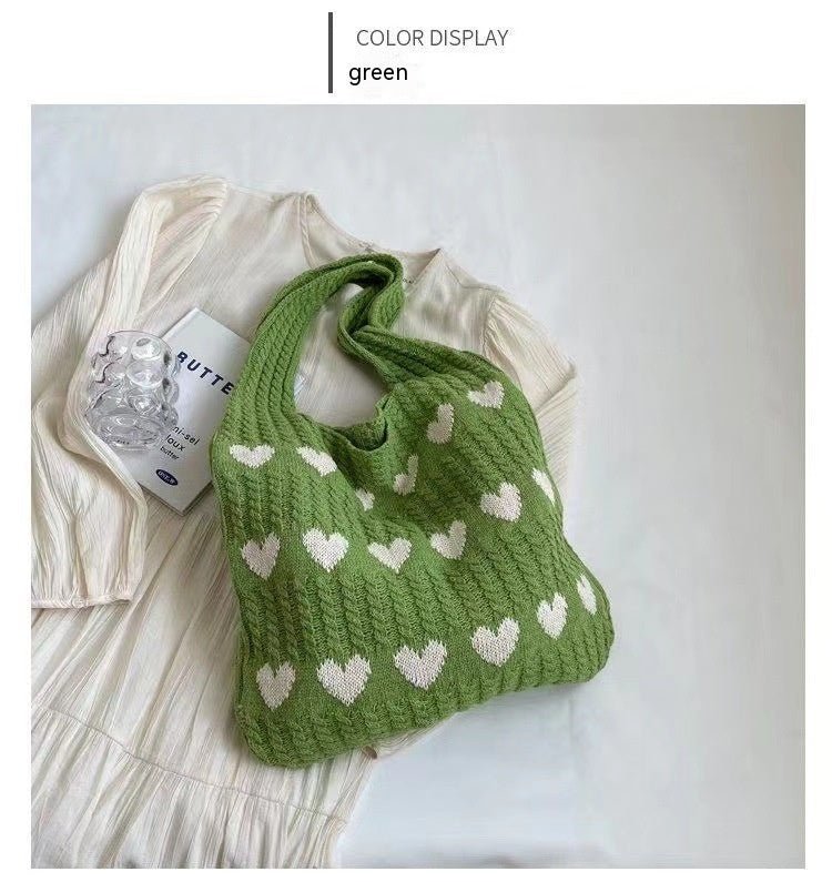 Heart - shaped Knitted Woven Shoulder Bag: Fashionable Large Capacity Love Green